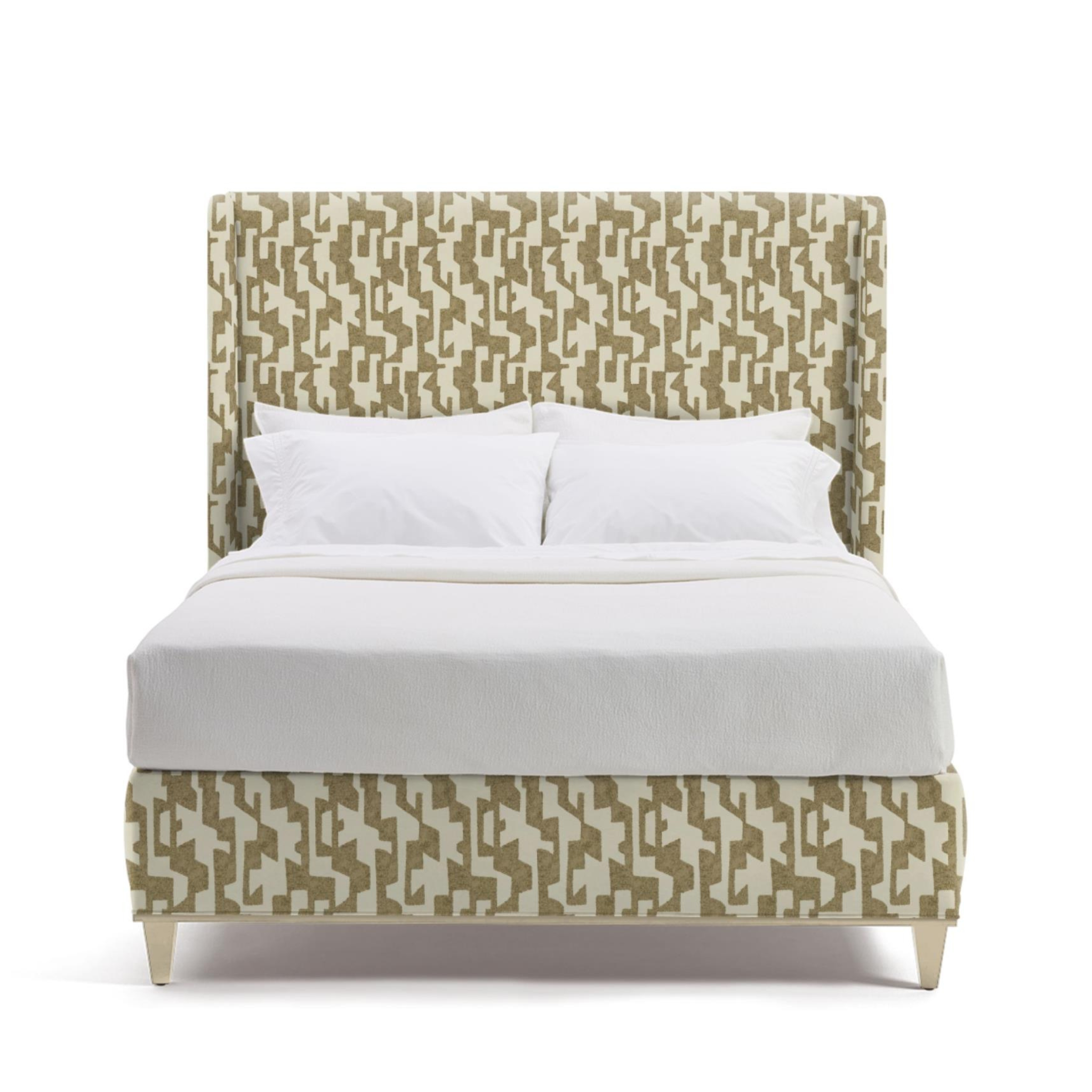 Bed with patterned headboard and footboard on a white background