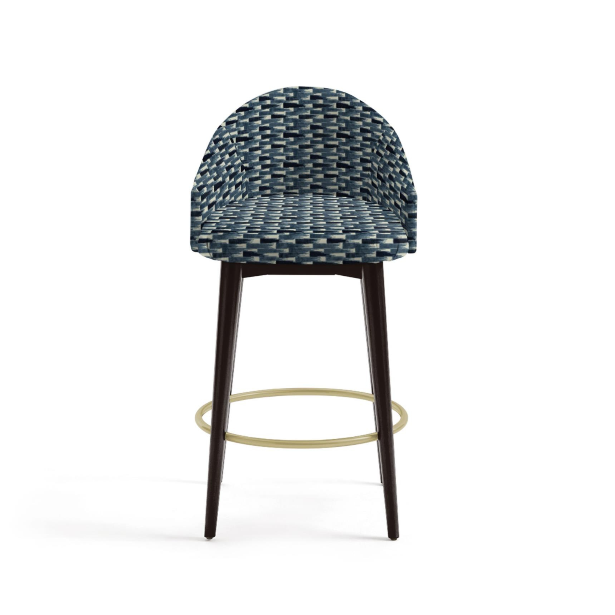 Bar stool with woven seat and dark wooden legs on a white background