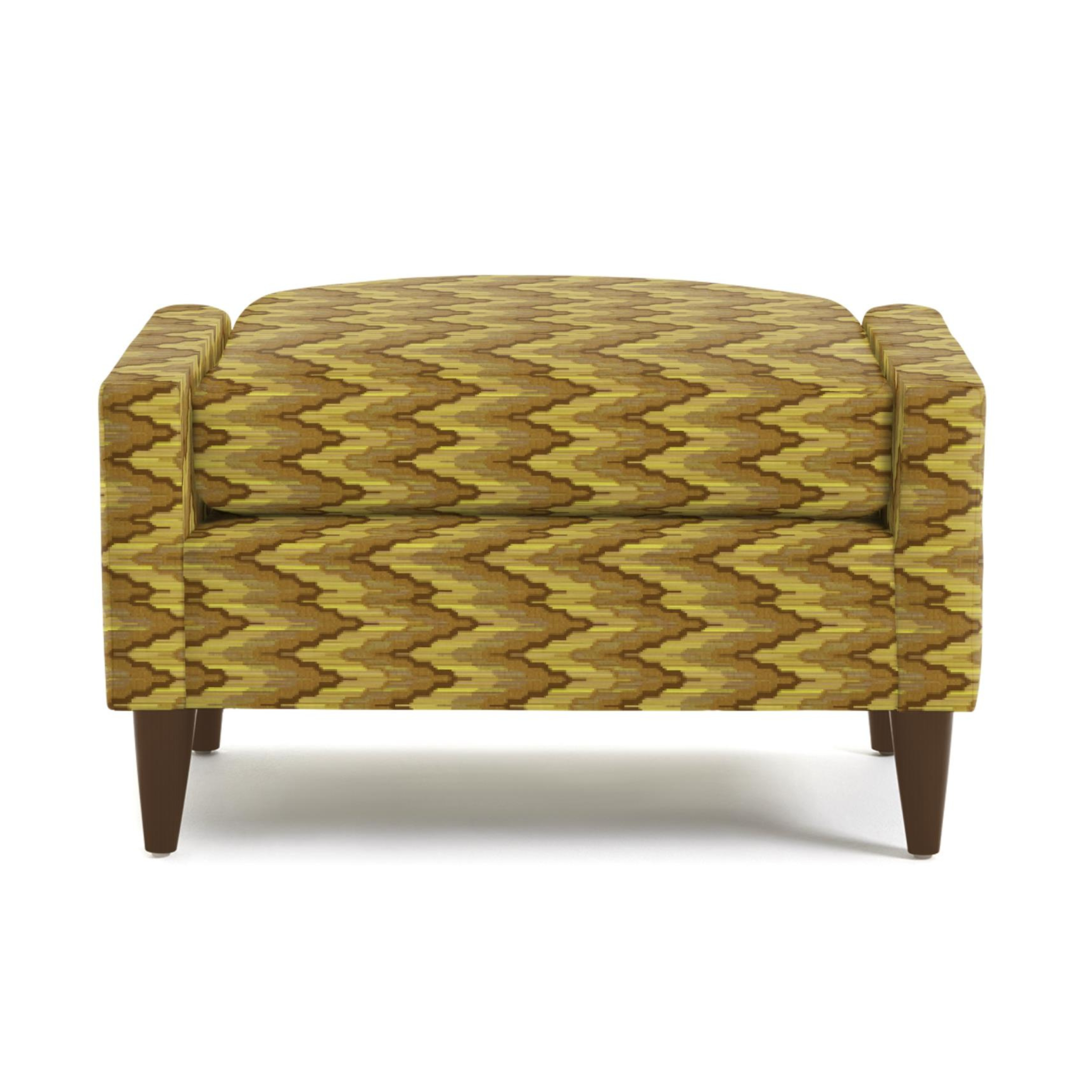 Mid-century modern accent chair with yellow and brown zigzag upholstery, wooden legs, and boxy arm design — stylish living room furniture piece.