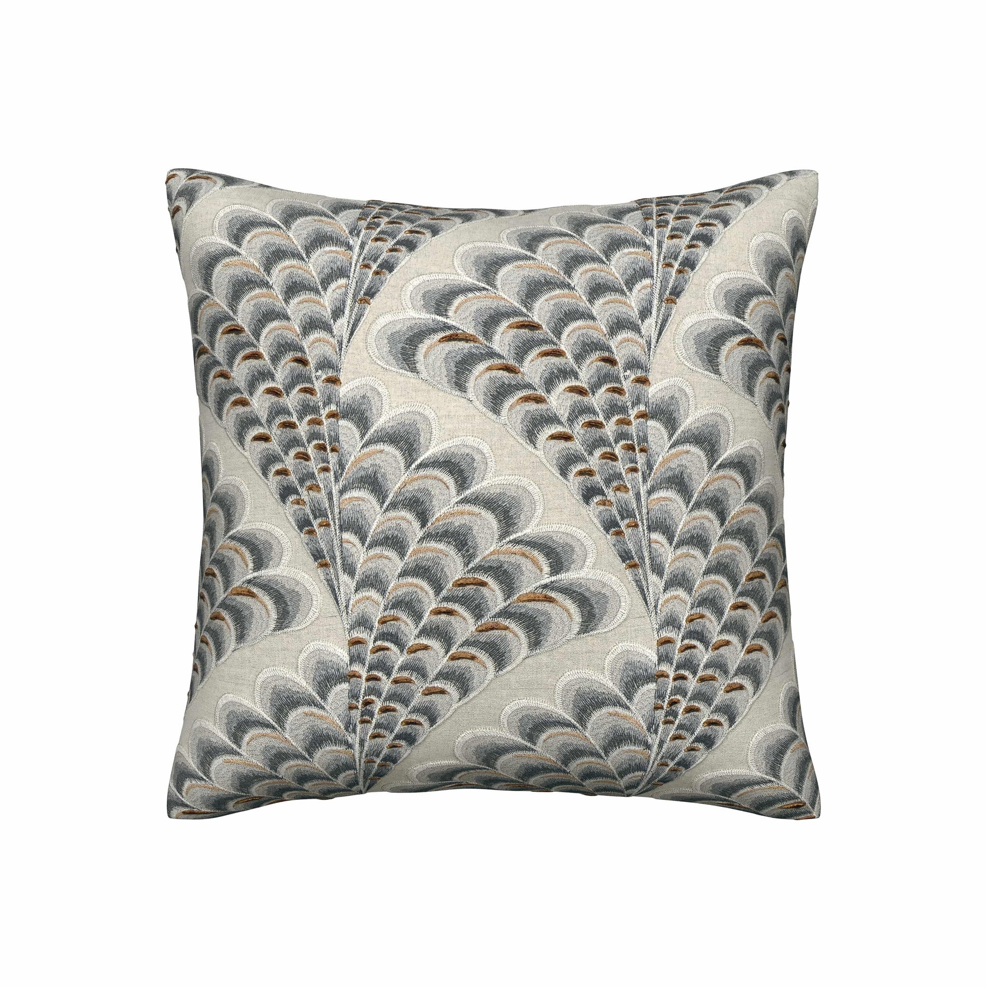 A square-shaped throw pillow with a geometric feather-like pattern in beige, gray, and blue colors on white background.