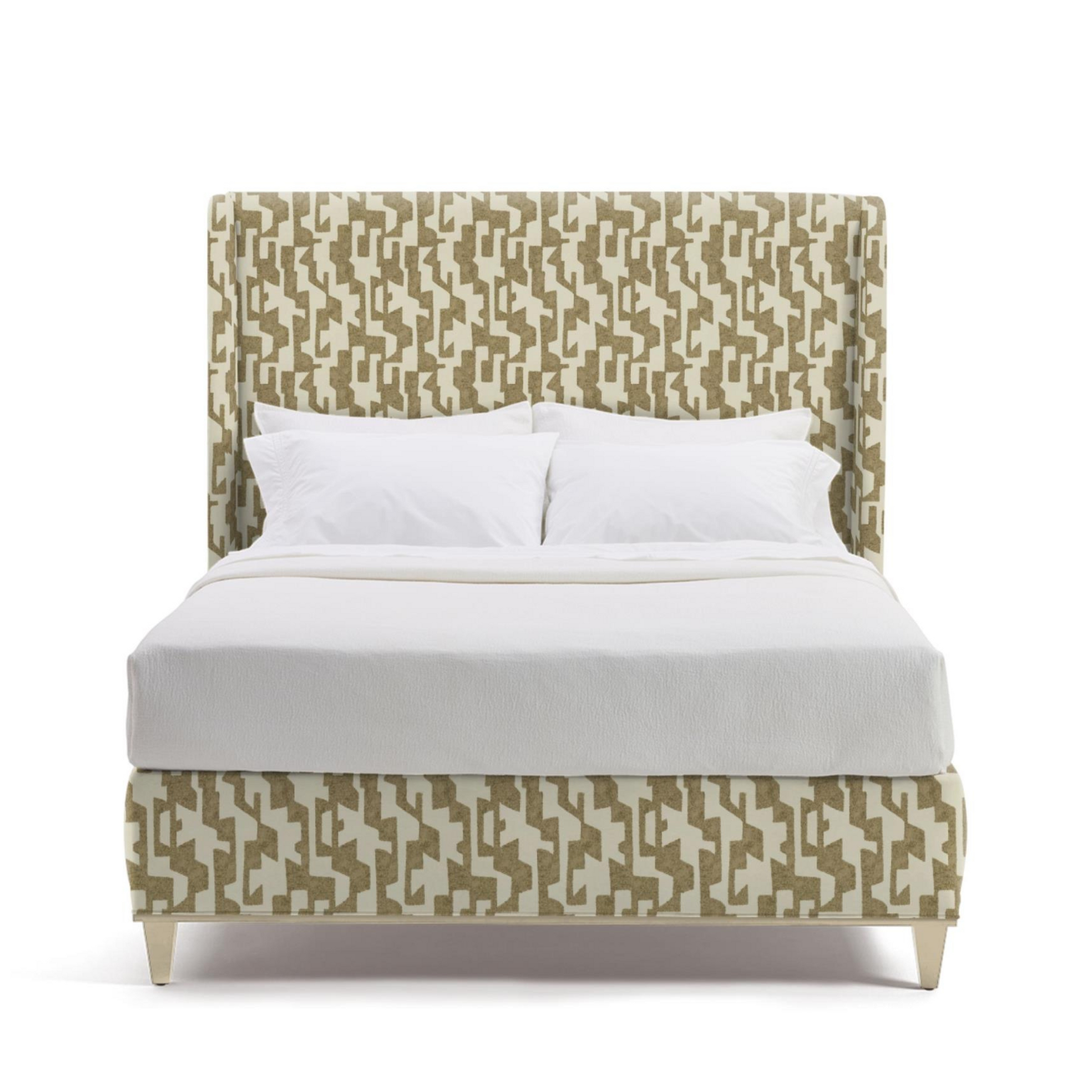 Bed with patterned headboard and footboard on a white background