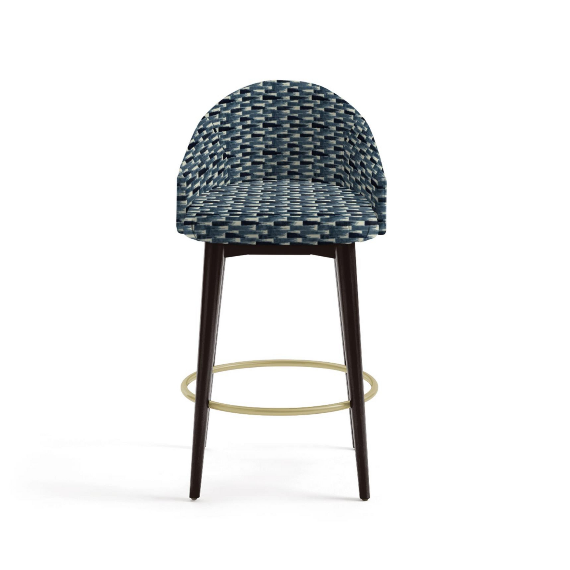 Bar stool with woven seat and dark wooden legs on a white background