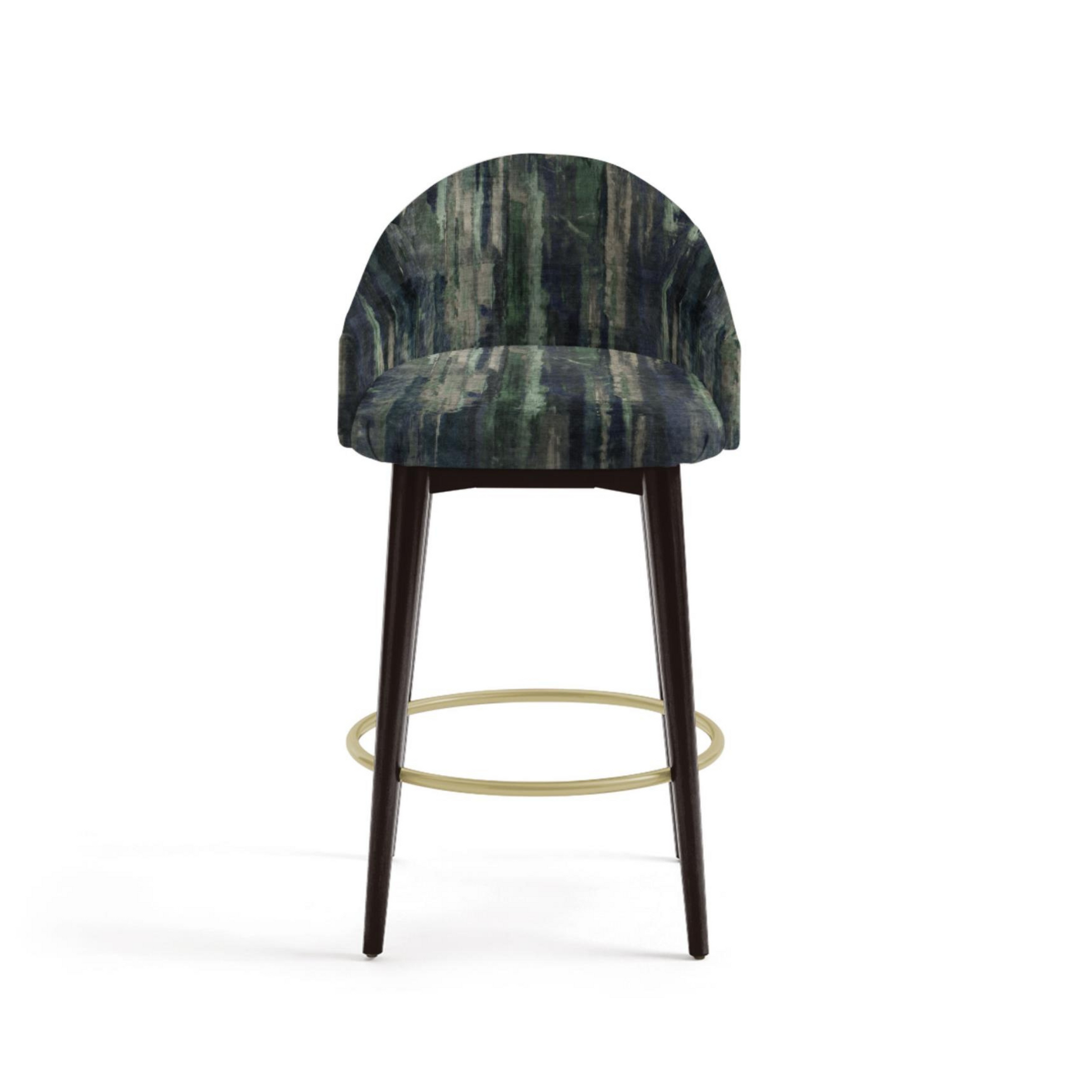 Bar stool with patterned seat and dark wood legs on a white background