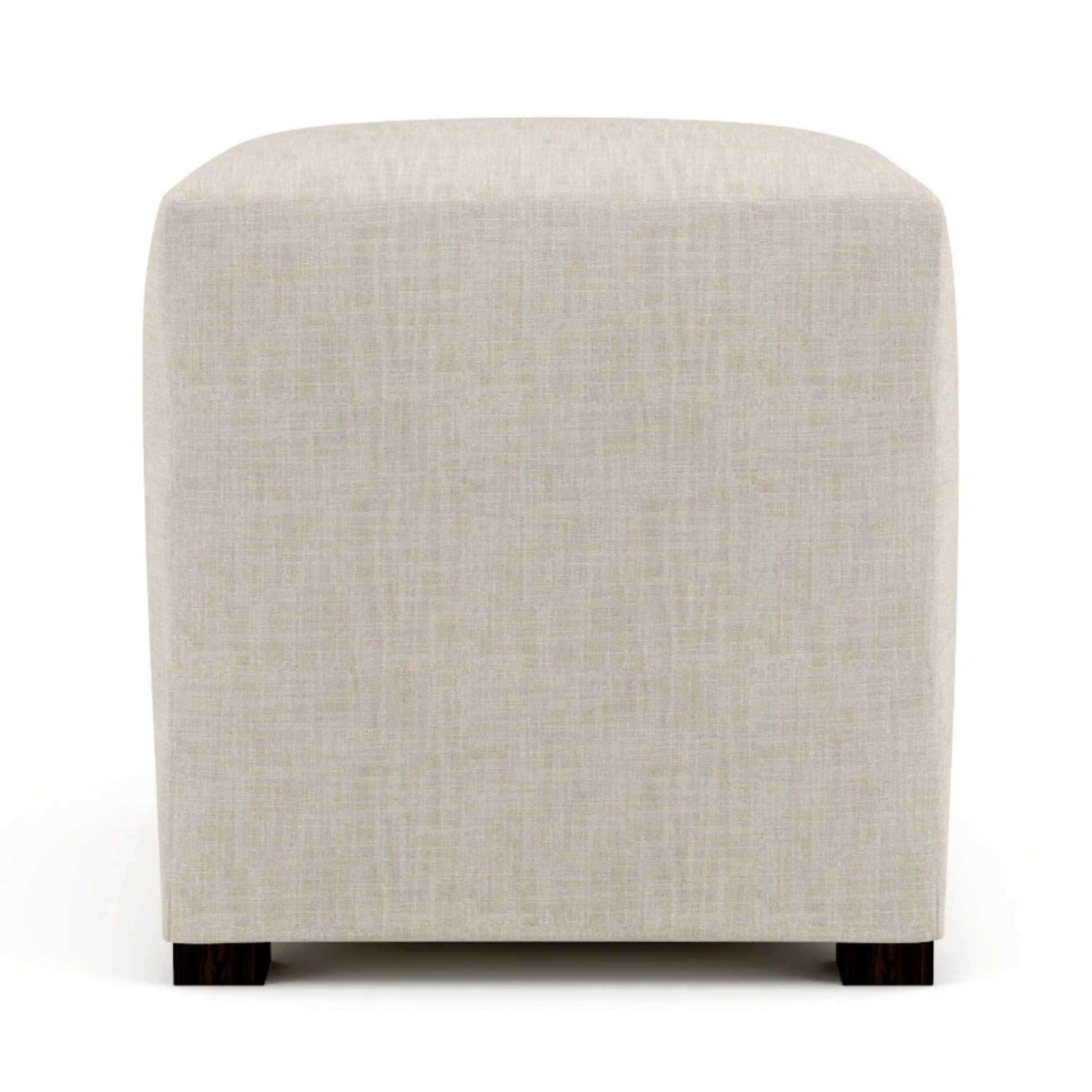A beige upholstered ottoman with a square shape and visible wooden legs.
