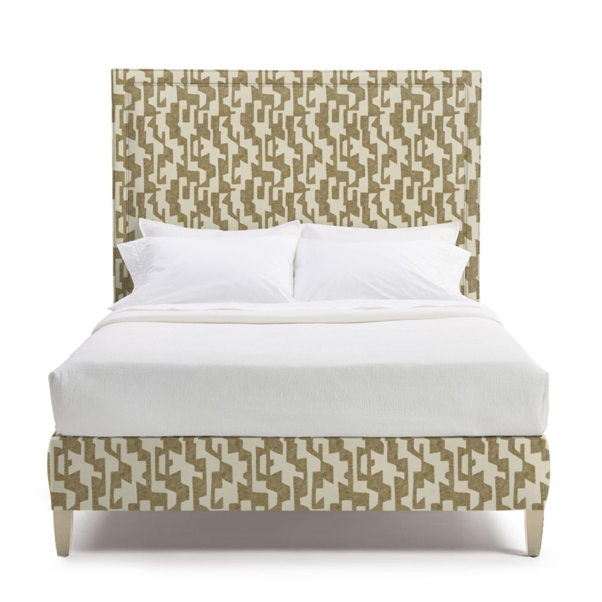 Bed with patterned headboard and footboard on a white background