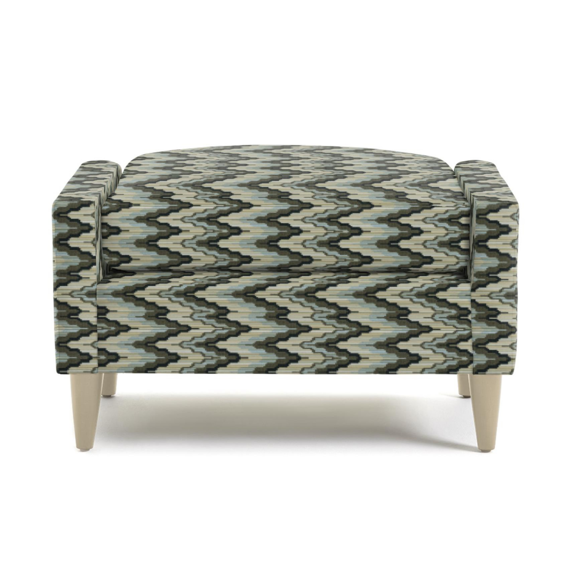 Modern geometric ottoman with zigzag upholstery in gray, black, and blue tones, featuring wooden tapered legs — ideal for contemporary living room furniture.