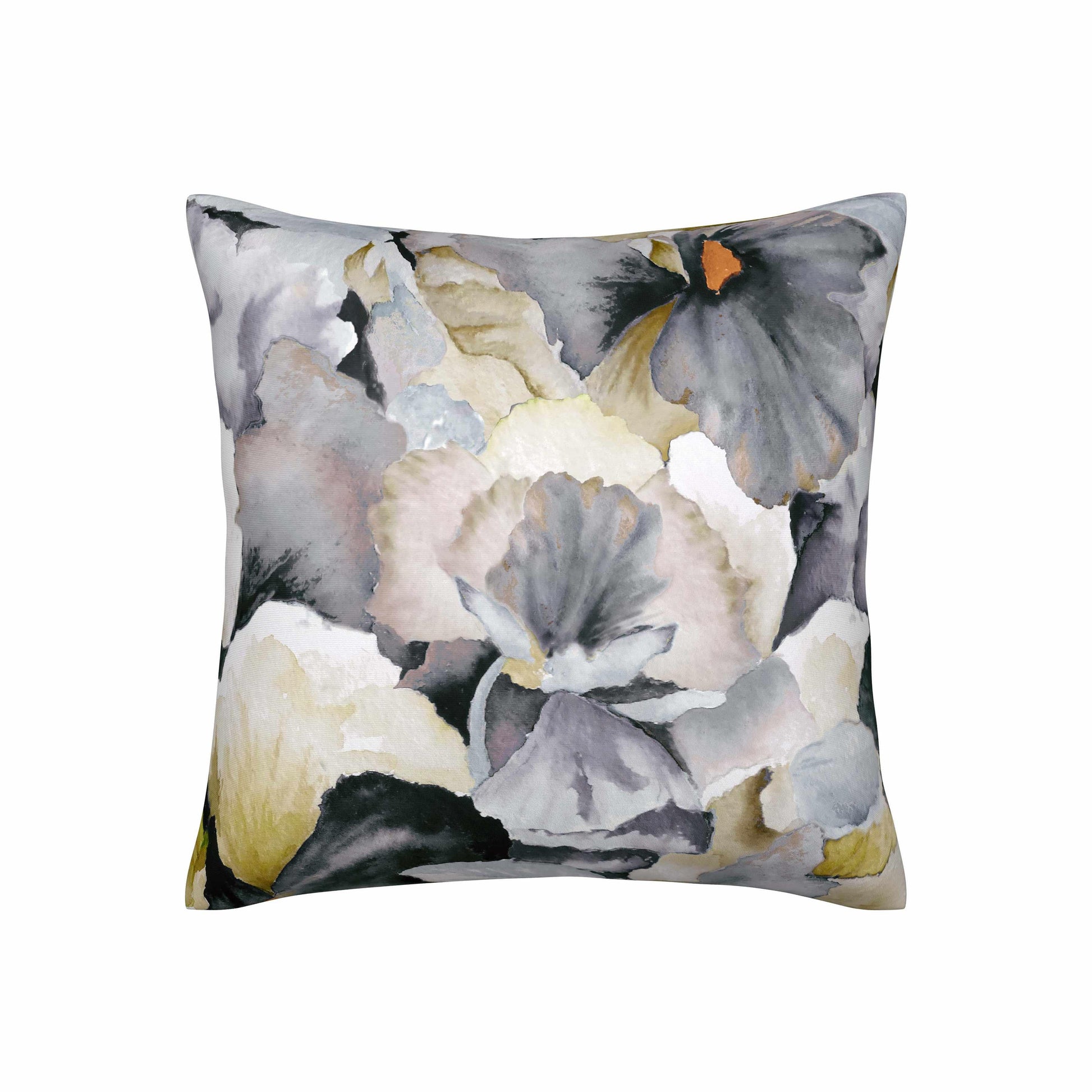A square-shaped throw pillow with a floral design in shades of blue and white.