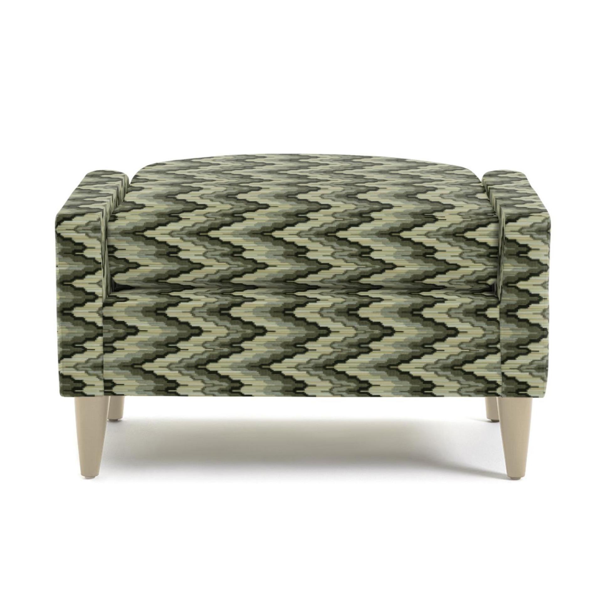 Modern upholstered ottoman with zigzag green and black patterned fabric and wooden legs, front view on white background.