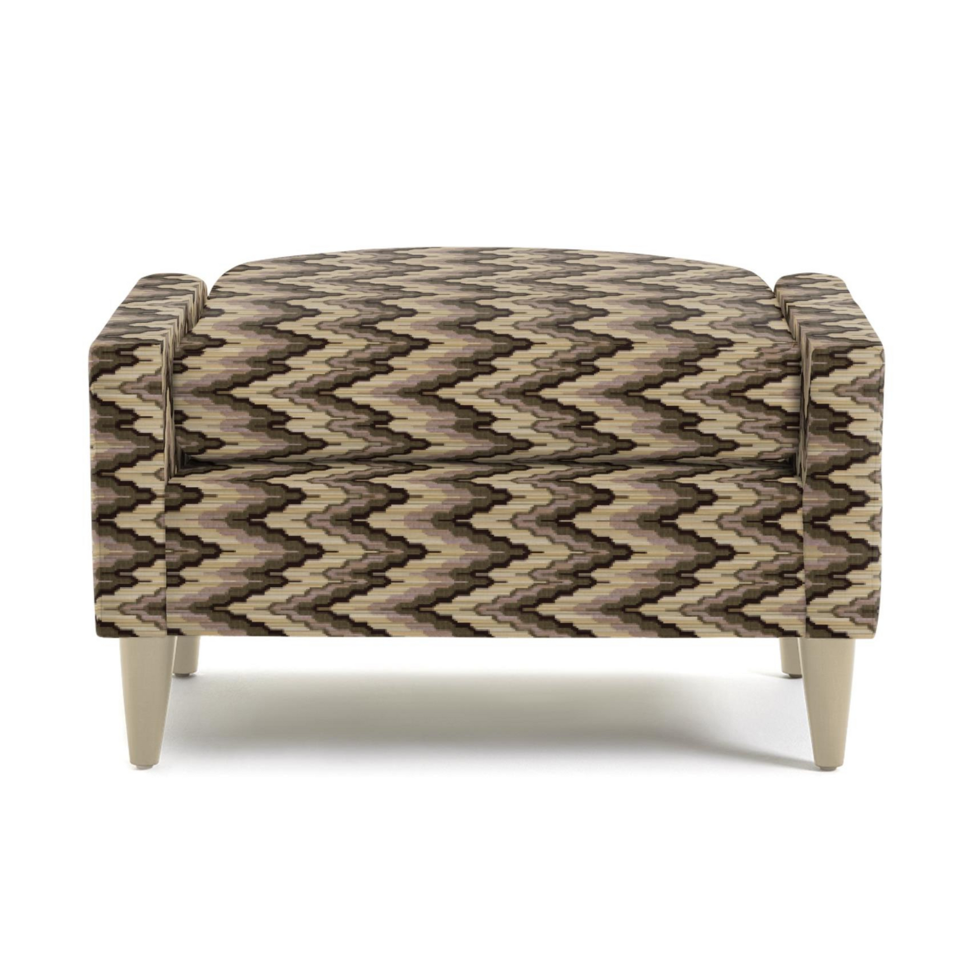Modern upholstered ottoman with beige and brown zigzag pattern and wooden legs – contemporary living room furniture.