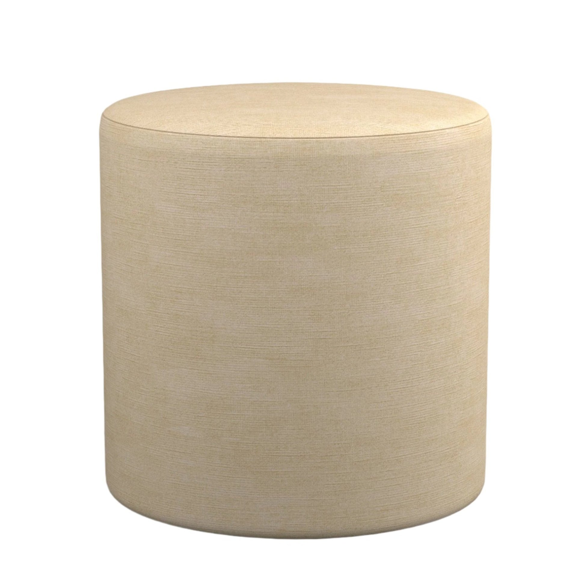 Slate Bellagio Ottoman by Fineza – modern round upholstered ottoman for living room or bedroom displayed on white background.