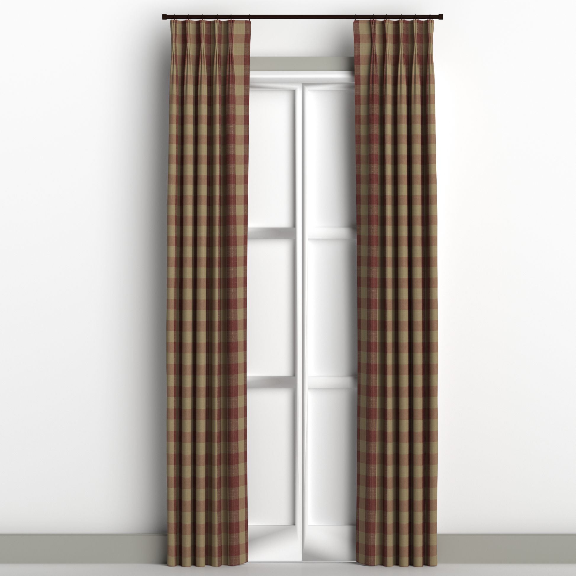 Biron Strie Check Curtain Panels in Cranberry by Fineza – pair of decorative window curtains displayed on white background.