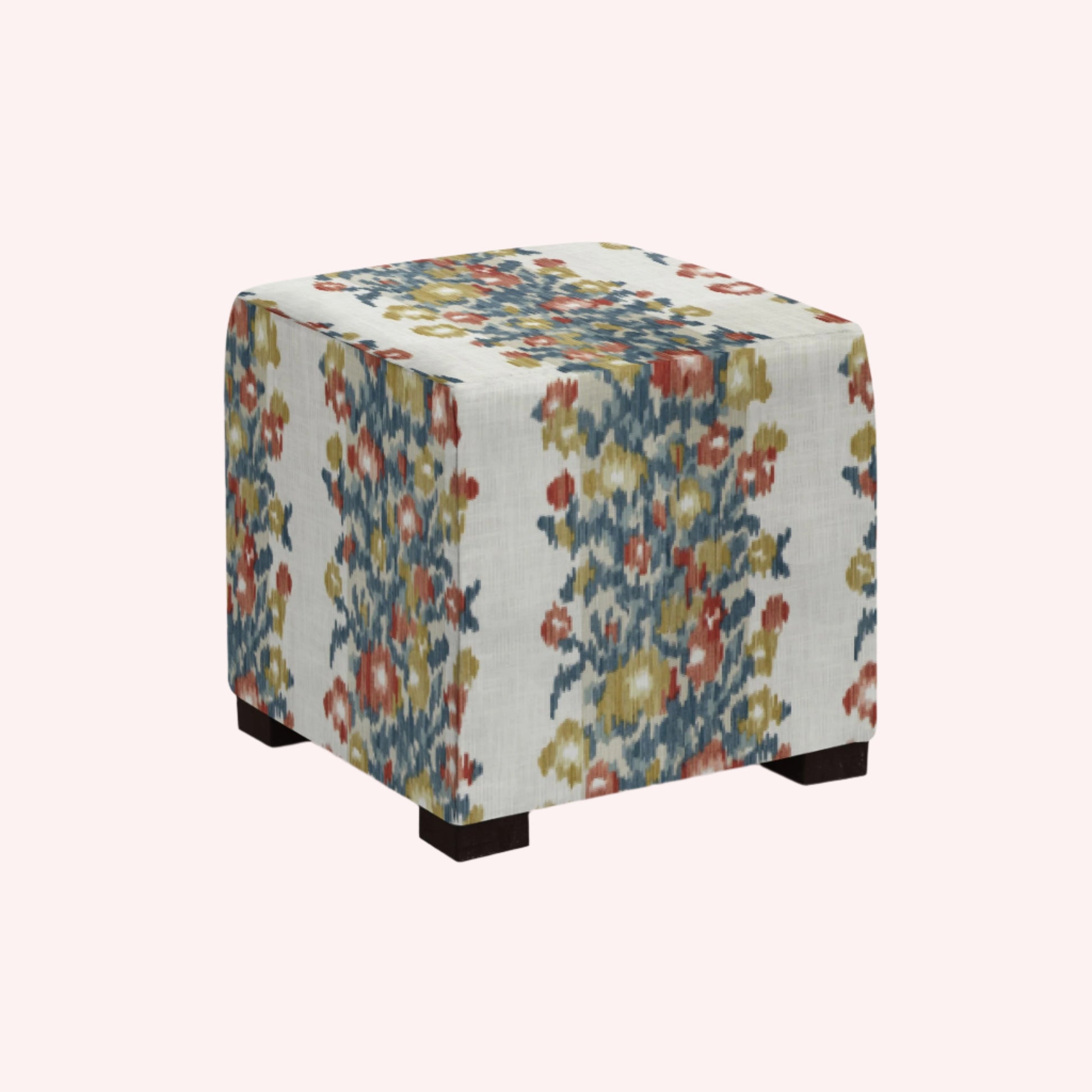 Peony Ottoman in Multi by Fineza – colorful upholstered accent ottoman displayed on white background