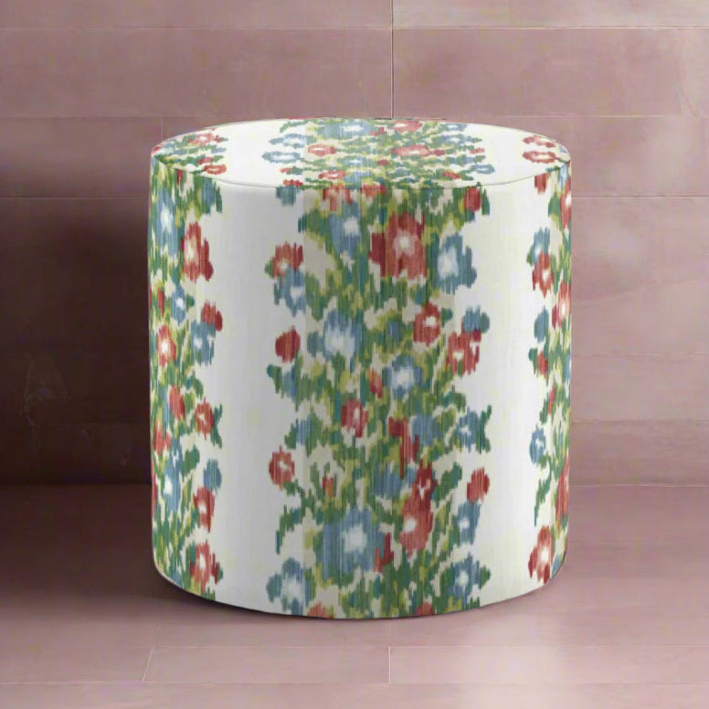 Peony Ottoman in Multi by Fineza – colorful upholstered accent ottoman displayed on white background