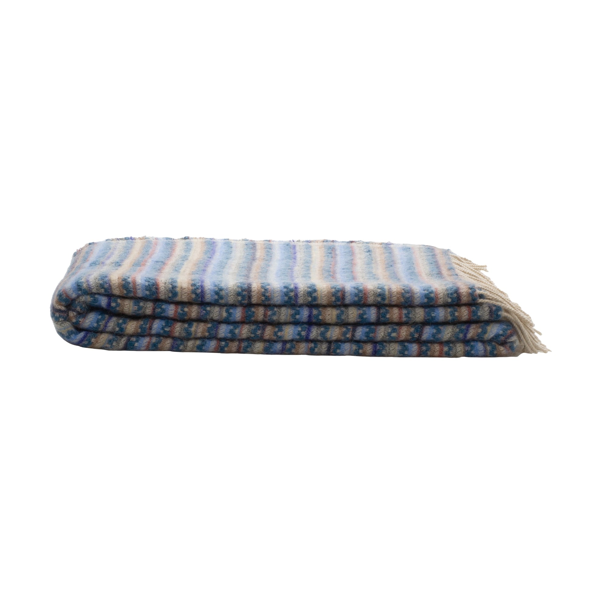 Folded blanket with blue and beige stripes on a white background