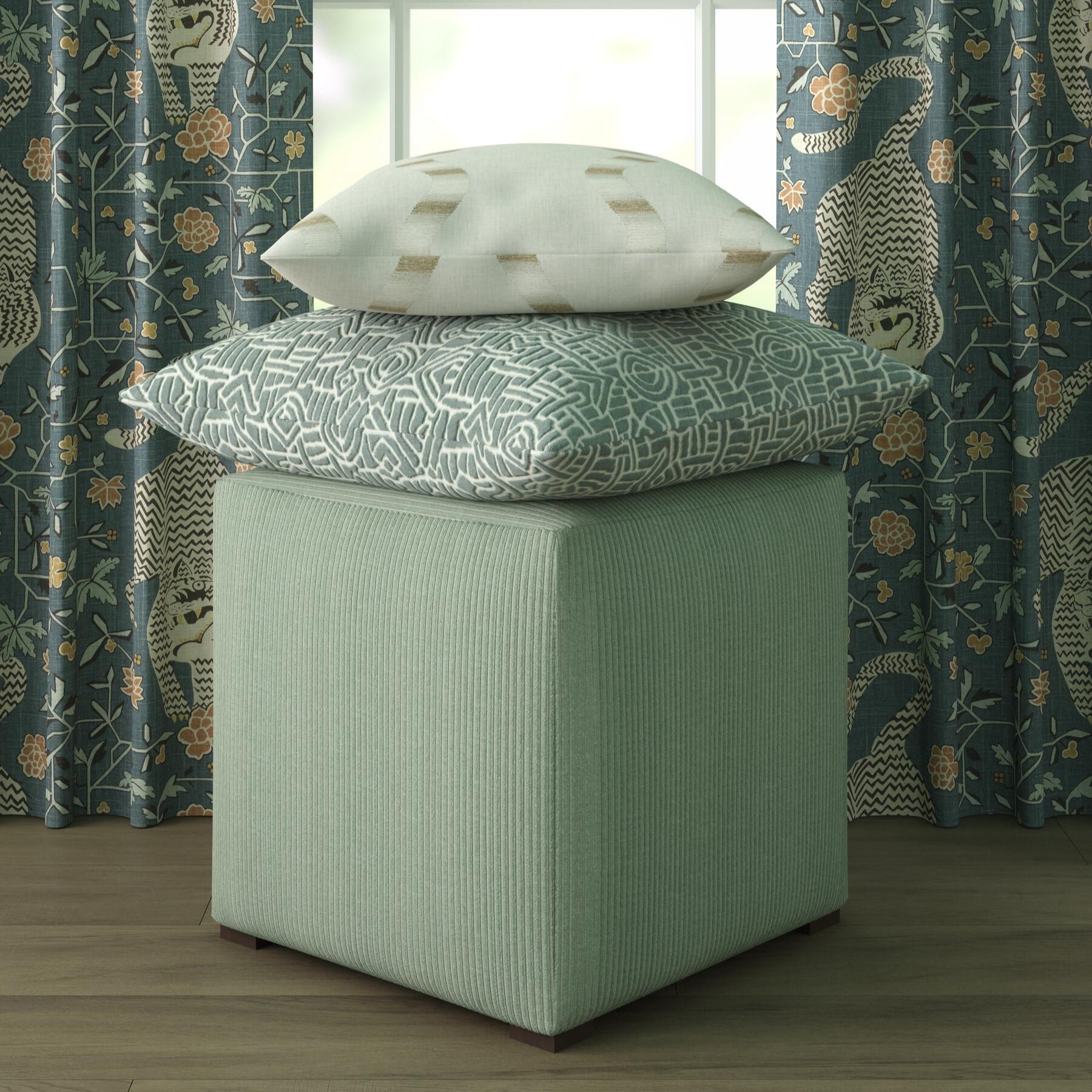 Vineyard Velvet Ottoman in Aquamarine - FineZa2